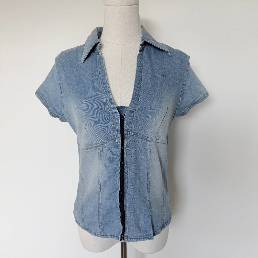 Vintage Periscope Denim Hook Top | Y2K Fitted Jean Corset Shirt